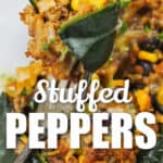 close up of plated Stuffed Poblano Peppers with a piece on a fork with a title