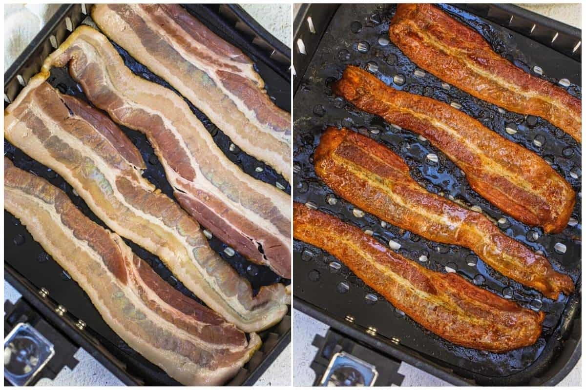 before and after cooking Air Fryer Bacon in the fryer