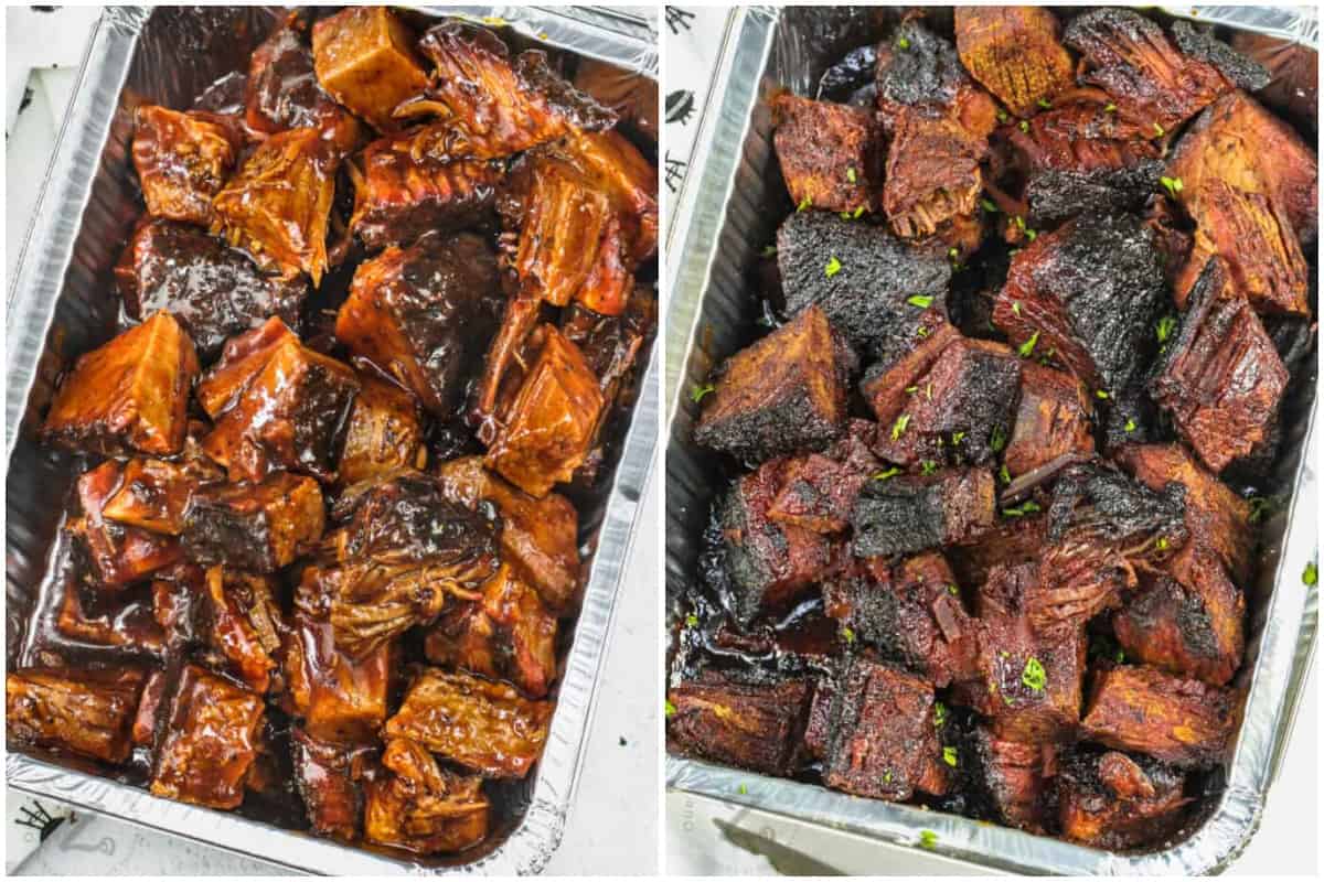 burnt ends with sauce over them, and burnt ends after being slow cooked.