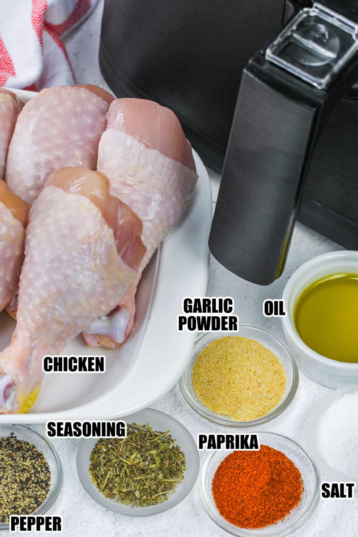 chicken , seasonings and air fryer to make Air Fryer Chicken Drumsticks