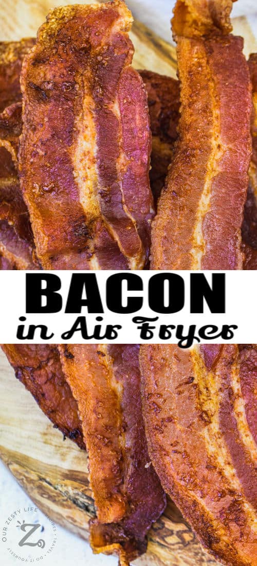 cooked Air Fryer Bacon with writing