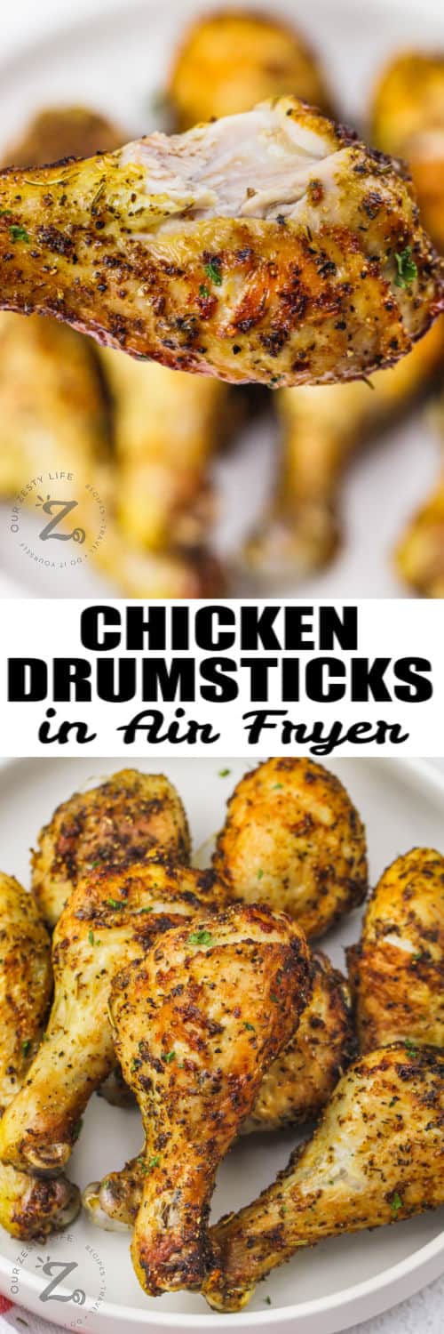 plated Air Fryer Chicken Drumsticks and close up with writing