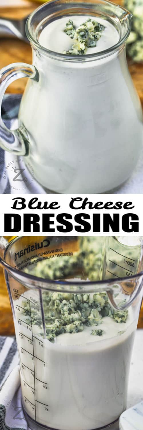 adding cheese to dressing and jar of finished Blue Cheese Dressing