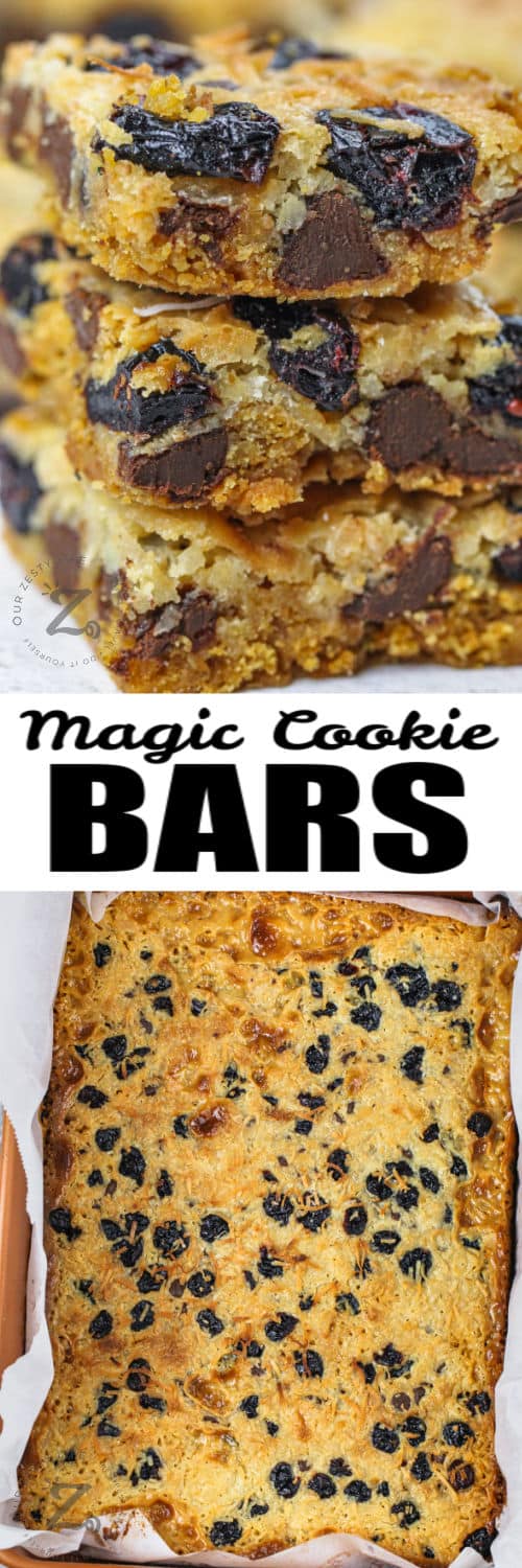 cooked Cranberry Magic Cookie Bars in the pan and cut pieces with writing