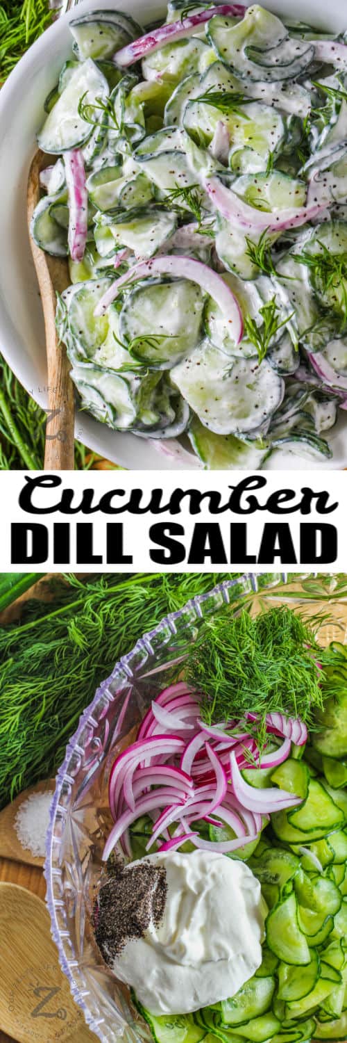 ingredients in a bowl to make Dill Cucumber Salad with plated dish and writing