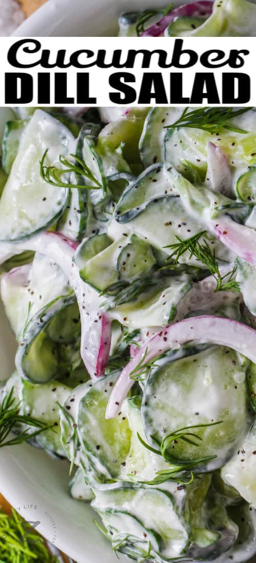 close up of Dill Cucumber Salad with writing