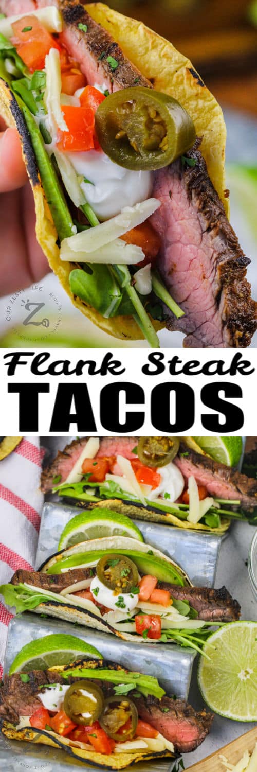 plated Flank Steak Tacos and close up with writing