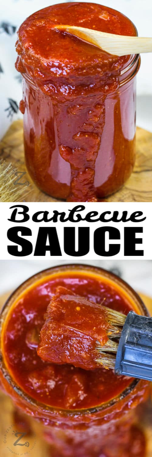 Homemade Barbecue Sauce in a jar and on a brush with writing