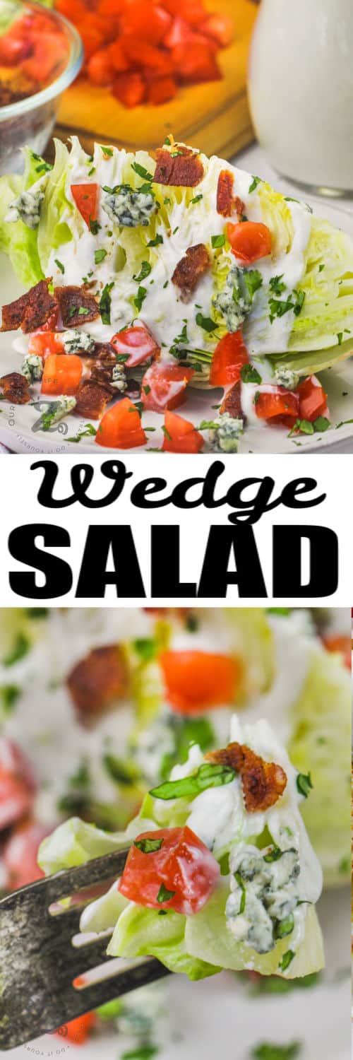 plated Wedge Salad with bacon and close up on a fork with writing