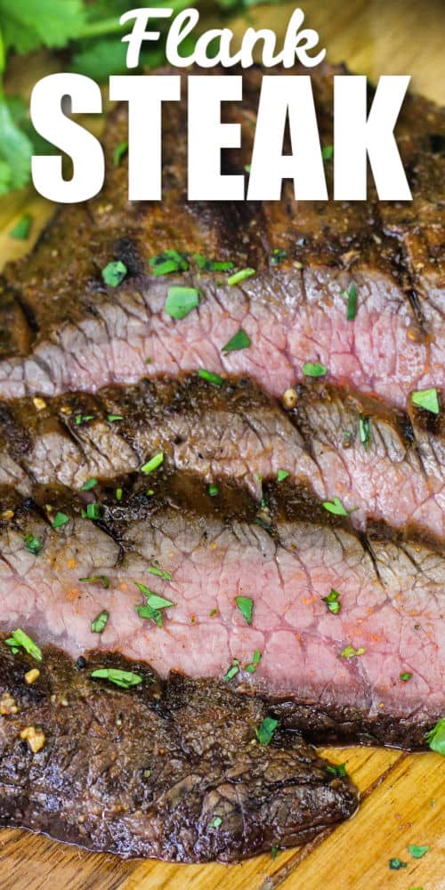 sliced Grilled Flank Steak with a title