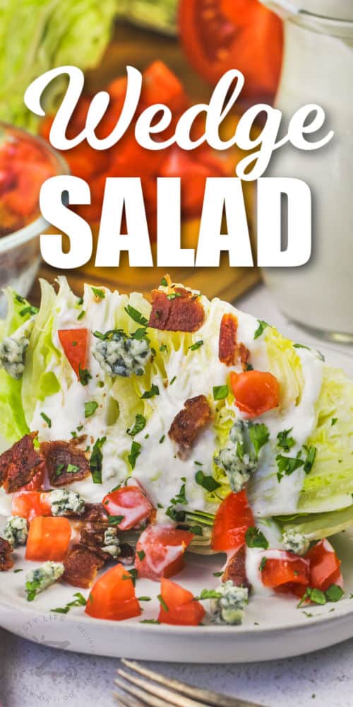 plated Wedge Salad with dressing and a title