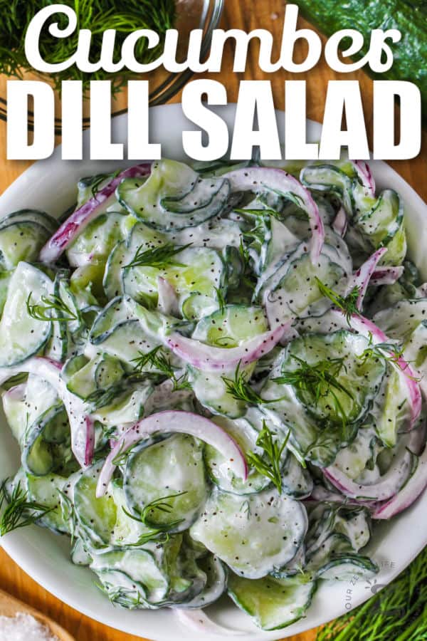 plated Dill Cucumber Salad with a title