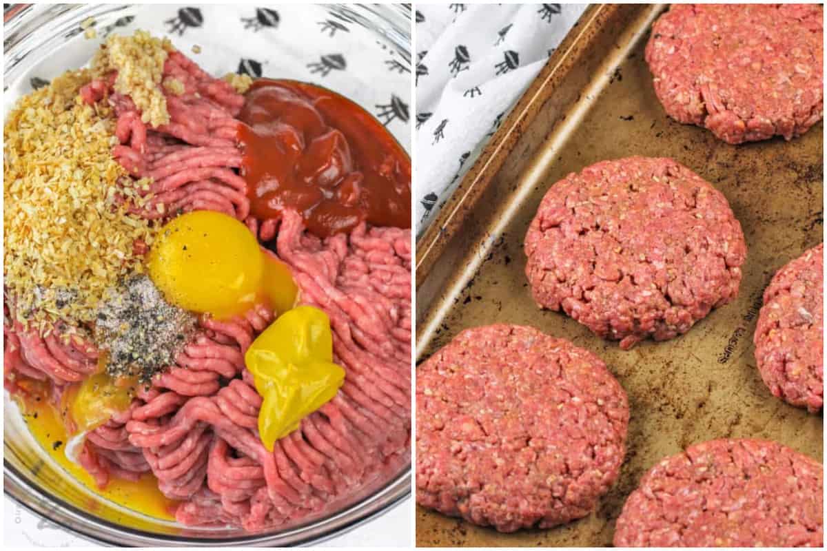 ingredients to make Hamburger Patties in a clear mixing bowl, and shaped patties on a baking sheet ready to be cooked.