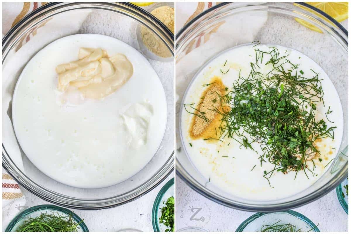 process of adding ingredients to bowl to make Homemade Ranch Dressing