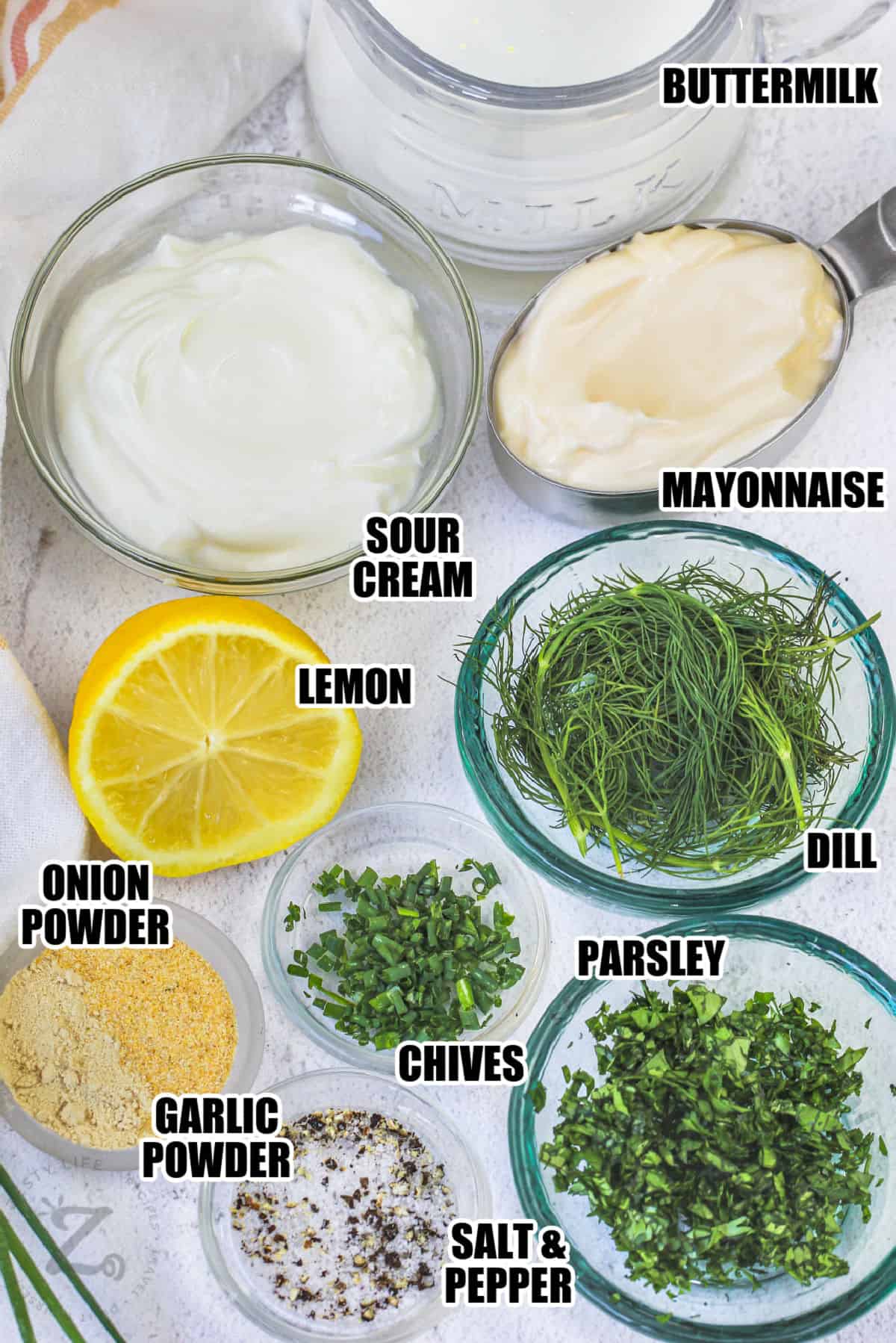 buttermilk, sour cream , mayonnaise , dill , chives , parsley and seasonings to make Homemade Ranch Dressing with labels