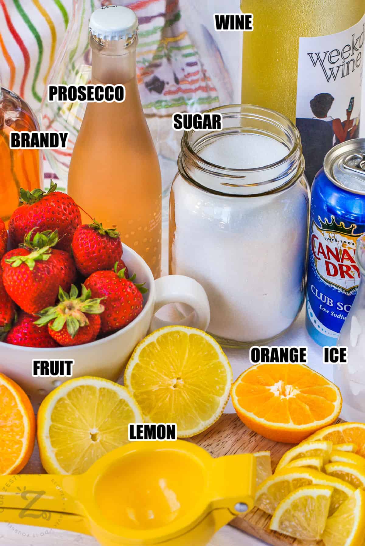fruit , brandy, sugar, wine and club soda to make White Wine Sangria with labels