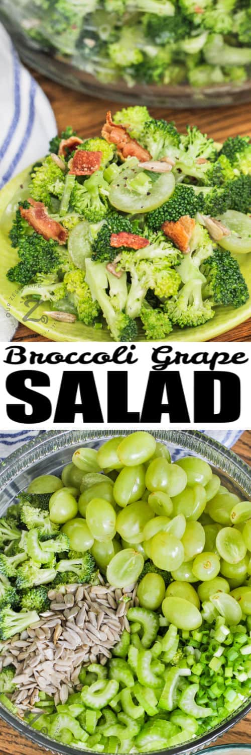 ingredients in a bowl to make Broccoli Grape Salad with plated dish and a title