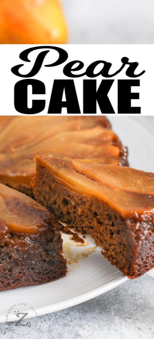 taking a slice of Pear Upside Down Cake with a title