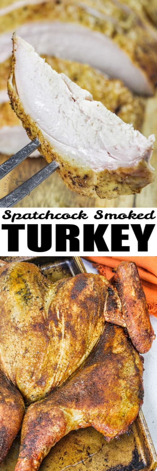 Spatchcock Smoked Turkey on a sheet pan and a piece on a fork with a title