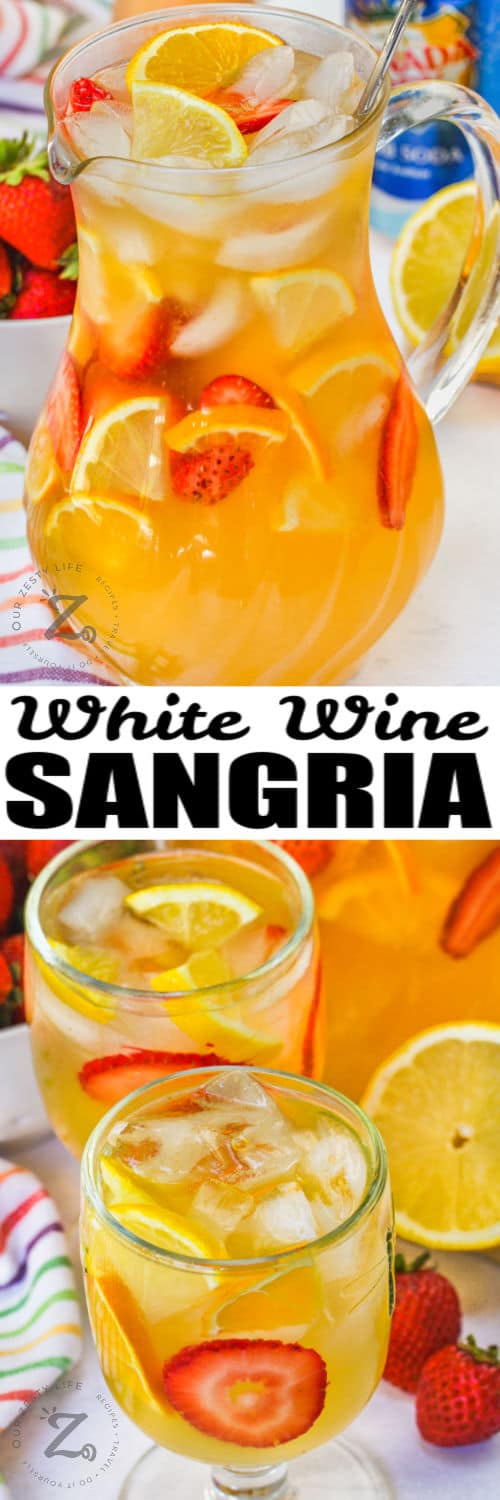 glasses and pitcher full of White Wine Sangria with writing
