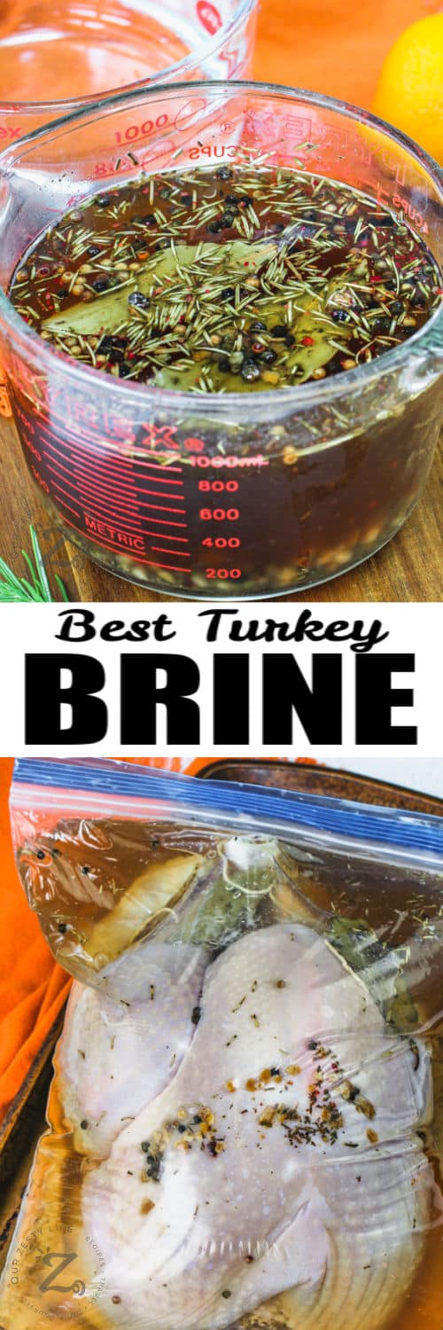 Turkey Brine in a cup and in a ziplock bag with writing