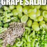 close up of Broccoli Grape Salad ingredients in a bowl with a title