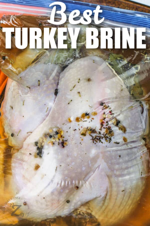 close up of Turkey Brine in a bag with turkey and writing