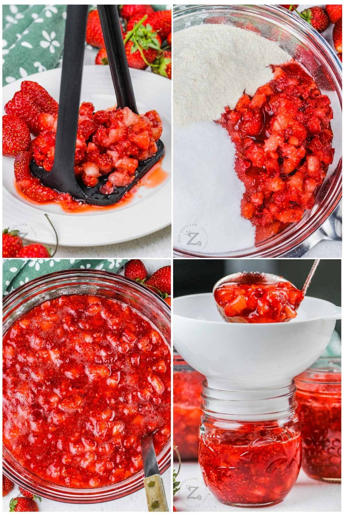 process of adding ingredients together to make Strawberry Freezer Jam Recipe
