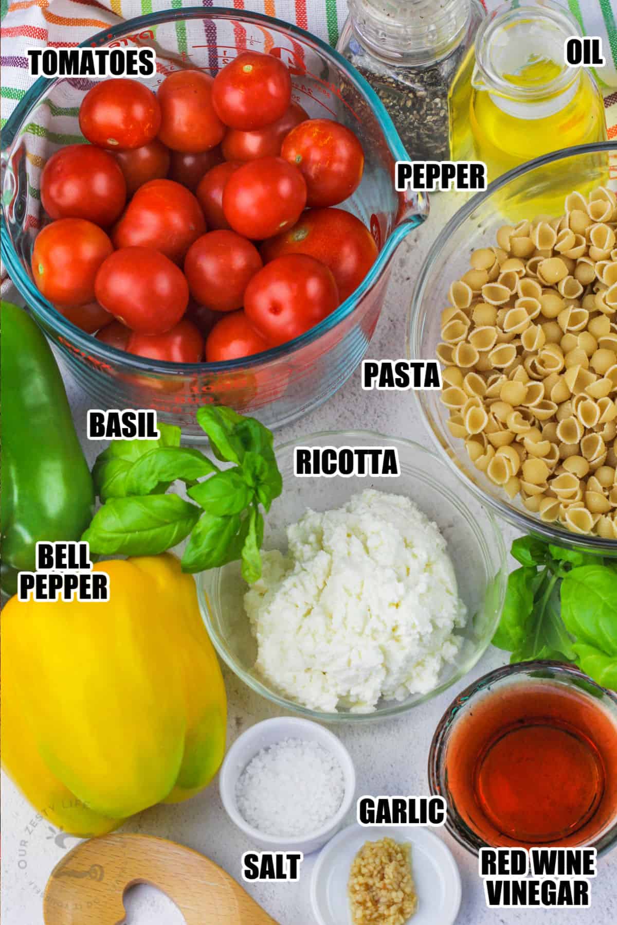 tomatoes , pepper , pasta , oil , basil , ricotta , bell pepper , salt , garlic , and red wine vinegar with labels to make No Cook Tomato Sauce with Pasta