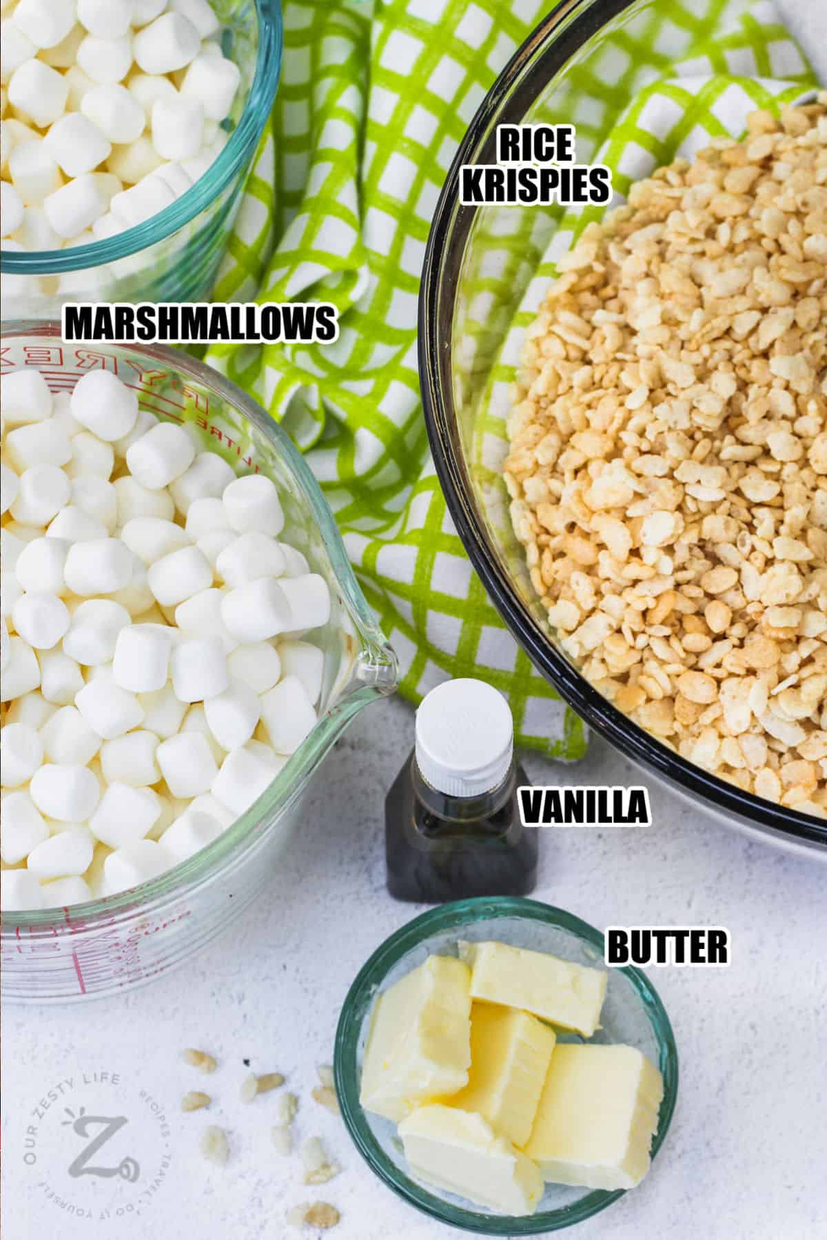 marshmallows , Rice Krispies , vanilla and butter with labels to make Rice Krispie Squares