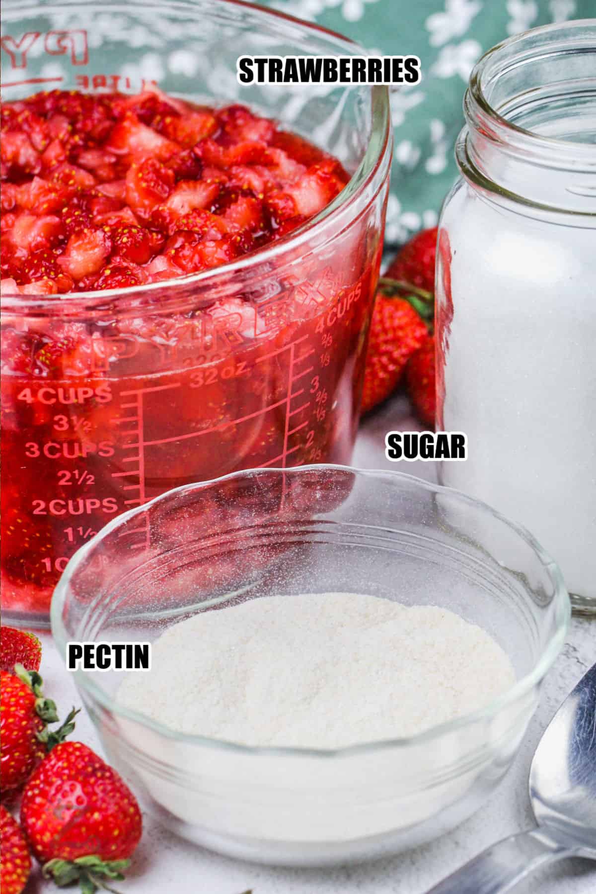 strawberries , sugar and pectin to in bowls to make Strawberry Freezer Jam Recipe with labels