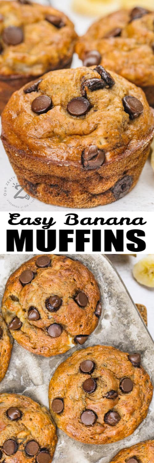 Banana Muffins in a muffin tin and close up with writing