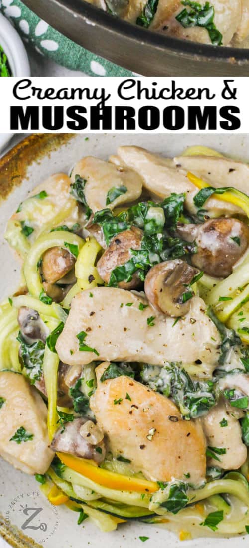 cooked Creamy Chicken and Mushrooms with Kale on a plate with a title