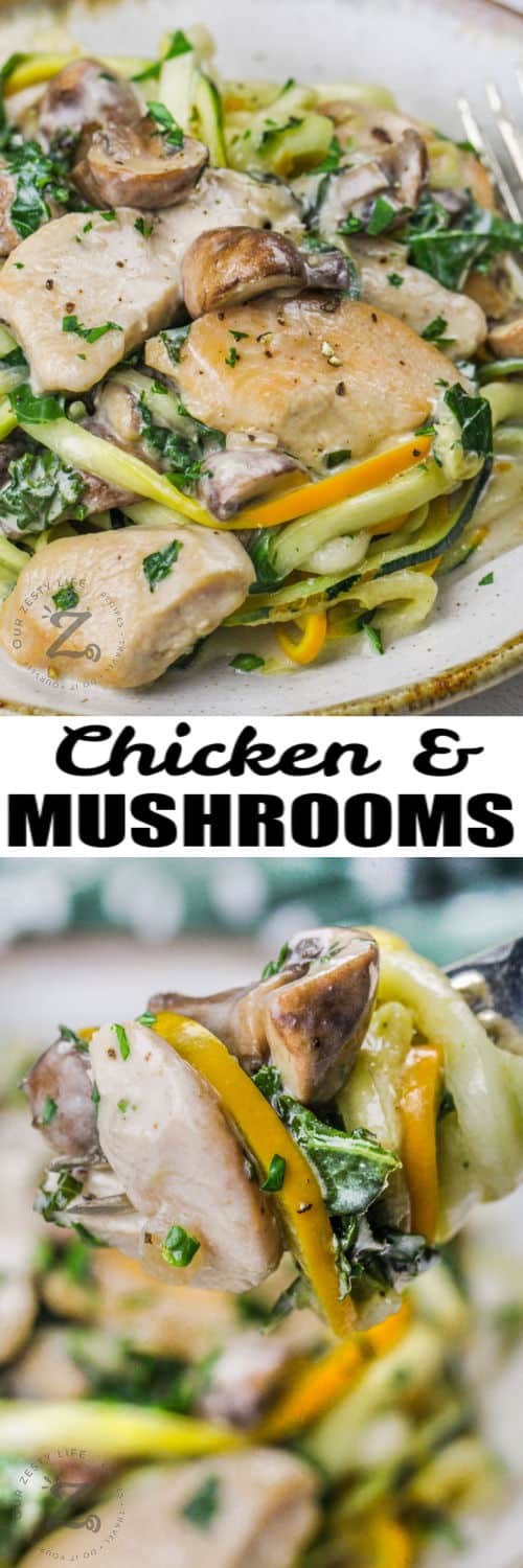 Creamy Chicken and Mushrooms with Kale on a plate and on a fork with title