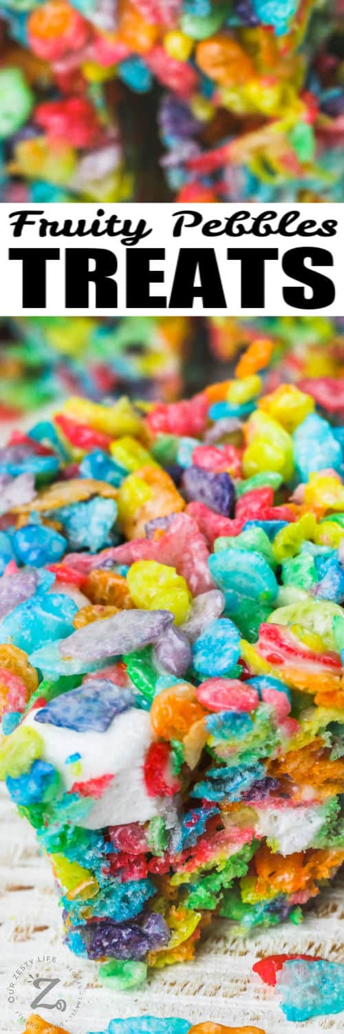 close up of Fruity Pebbles Marshmallow Treats with a title