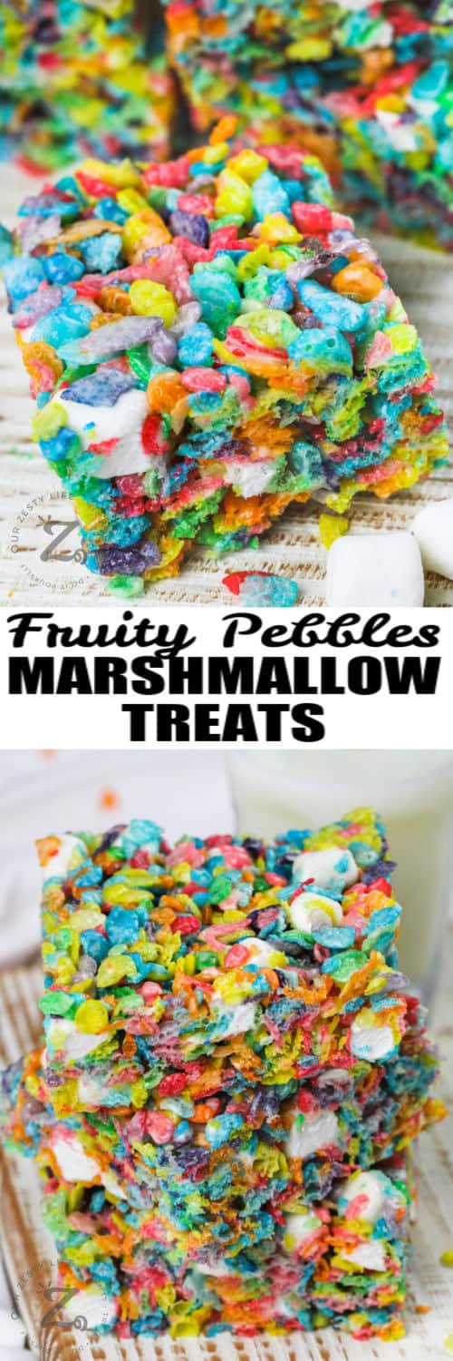 stack of Fruity Pebbles Marshmallow Treats and close up photo with writing