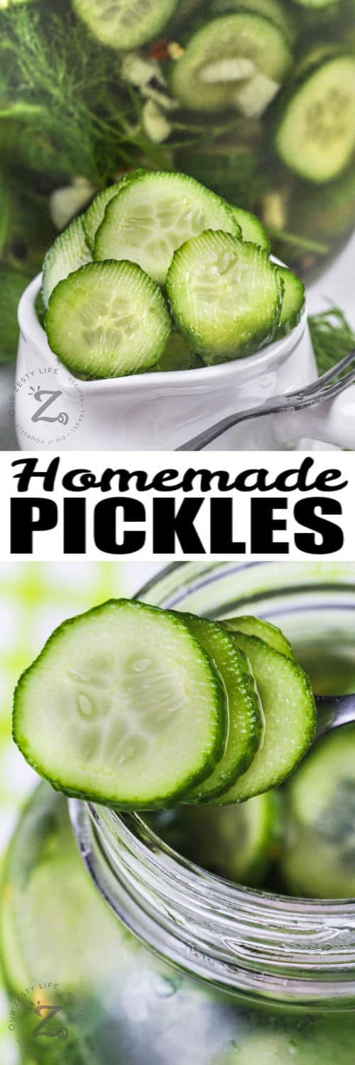Quick Pickles in a jar and close up with writing