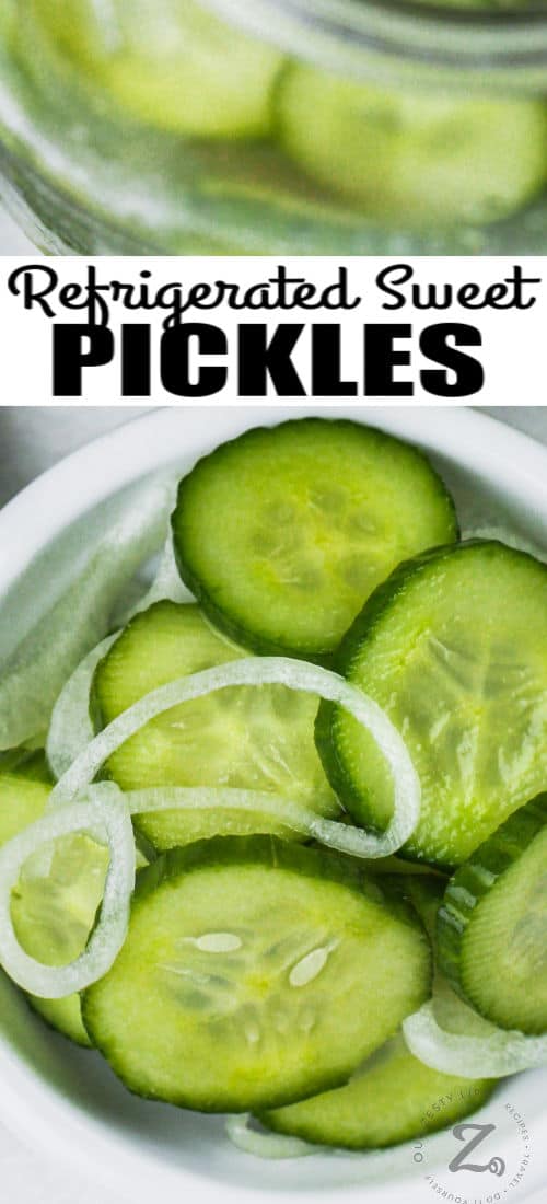 close up of plated Refrigerator Sweet Pickles with writing