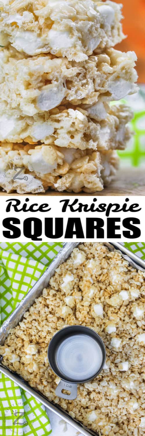 Rice Krispie Squares in the pan and close up with writing