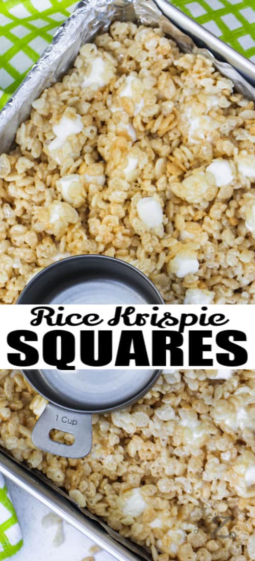 Rice Krispie Squares in the pan with writing