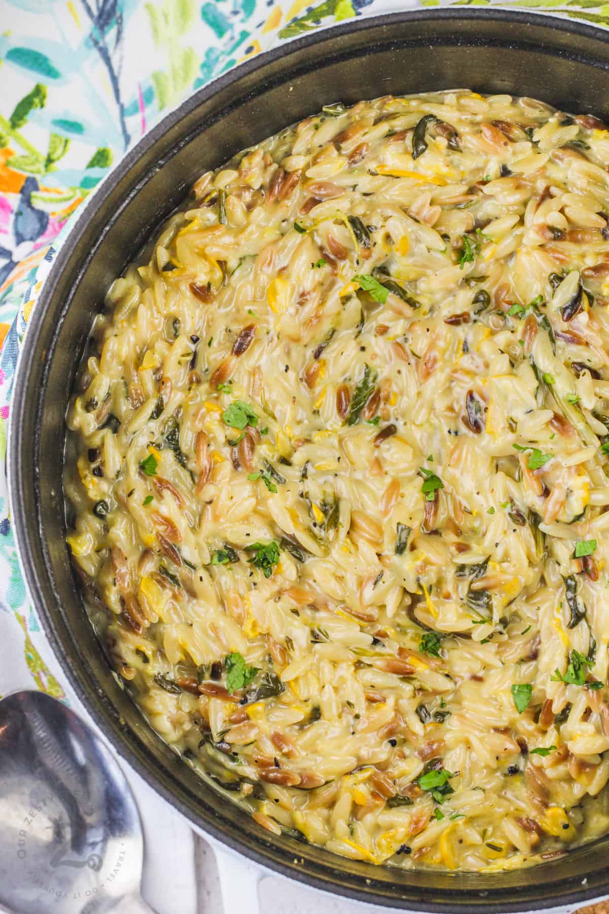 pot full of cooked Lemon Orzo with Zucchini