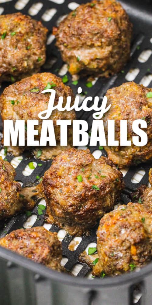 Air Fryer Meatballs in the fryer with a title