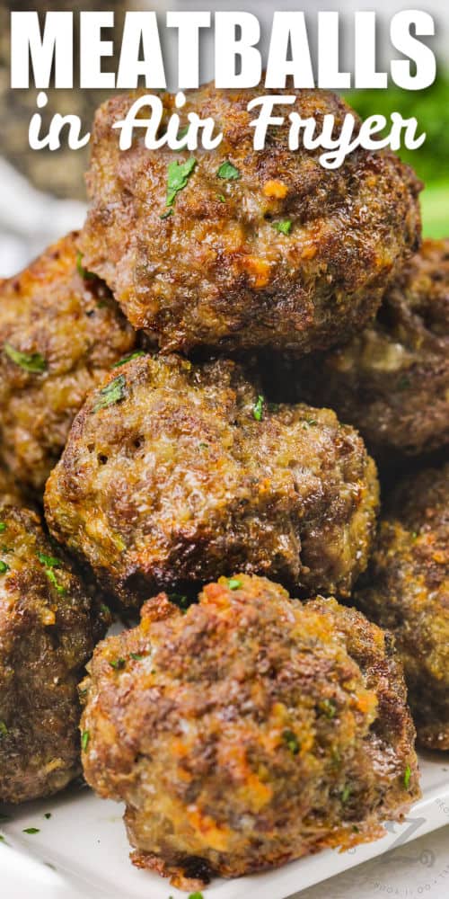 cooked Air Fryer Meatballs with a title