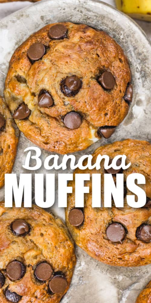 close up of Banana Muffins in a muffin tin with writing