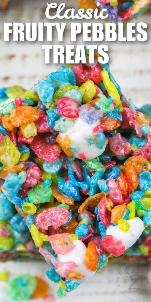 top view of Fruity Pebbles Marshmallow Treats with writing