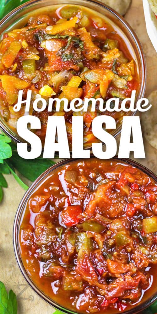 Garden Salsa in bowls with writing