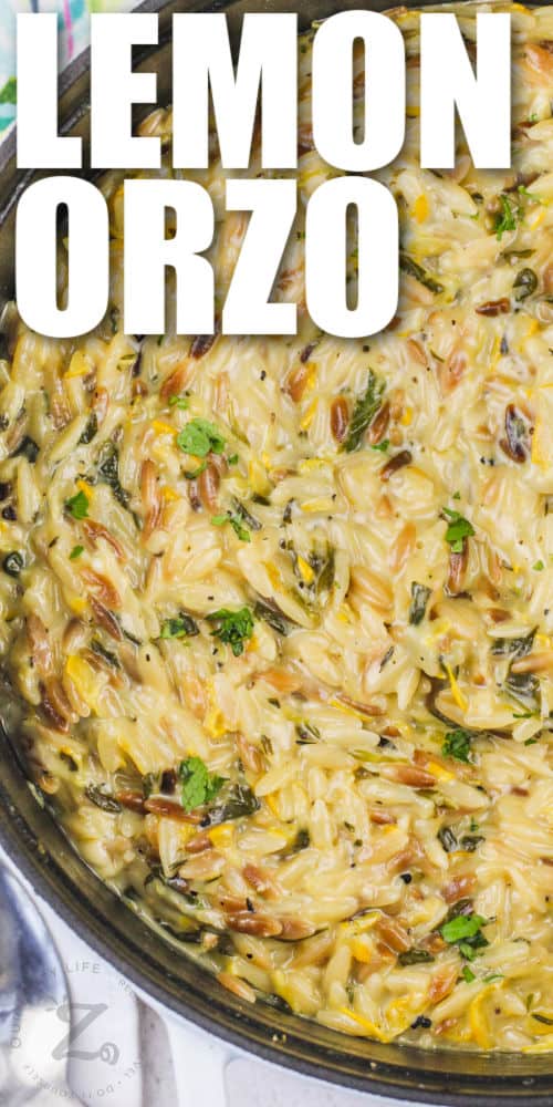 cooked Lemon Orzo with Zucchini in the pot with a title