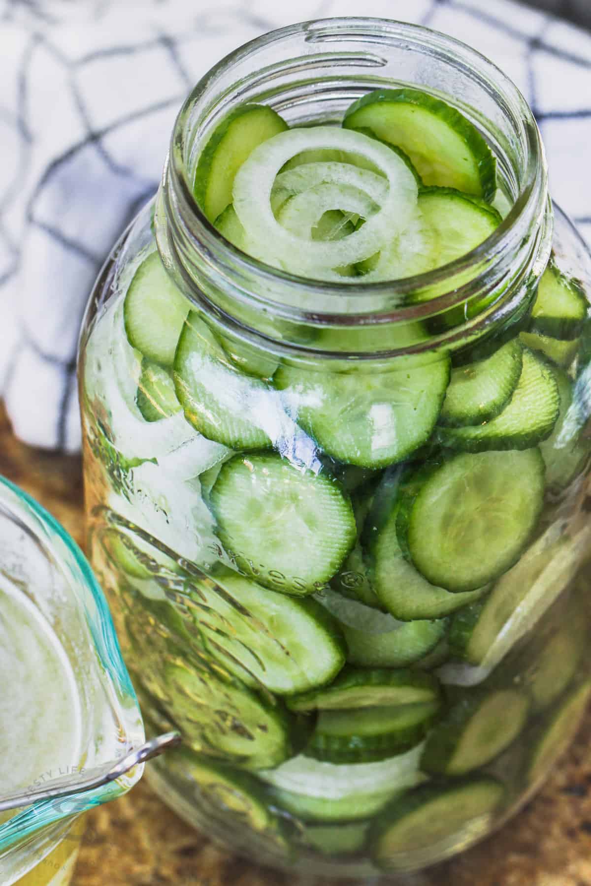 jar of Refrigerator Sweet Pickles with onions before pouring in water , honey and vinegar