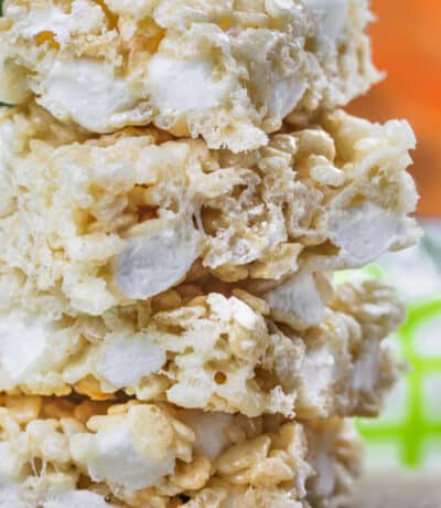 close up of Rice Krispie Squares in a stack