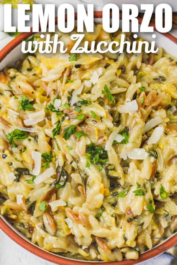 bowl of Lemon Orzo with Zucchini with a title
